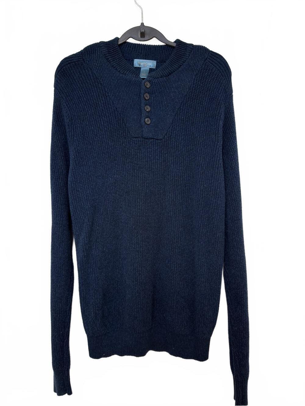 NorthCrest Classic Mens Large Navy Blue 100% Cotton Henley Knit Sweater